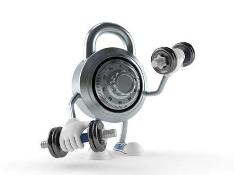 Combination lock character with dumbbell Illustrazione stock