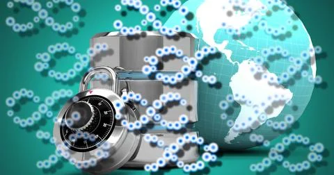 A combination lock secures a globe, symbolizing global data protection Foto stock