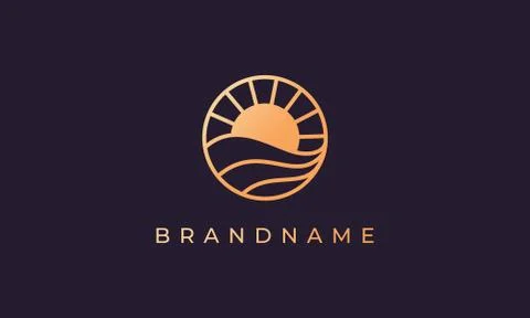 A combination of ocean wave and sun in a circle with a luxury gold shape suit Stock Illustration