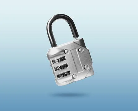 Combination padlock in air on blue gradient background Stock Photos