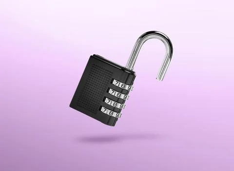 Combination padlock in air on pink gradient background Stock Photos