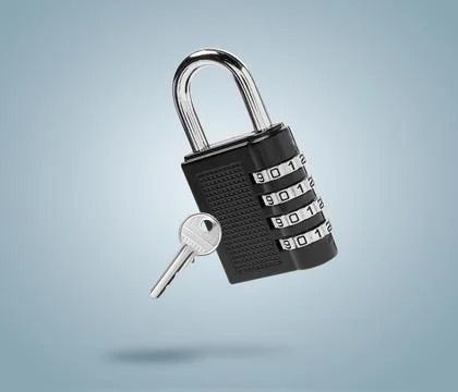 Combination padlock and master key in air on color background Stock Photos