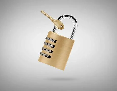 Combination padlock and master key in air on light grey background Stock Photos