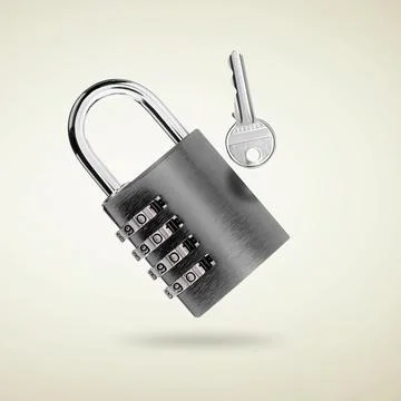 Combination padlock and master key in air on light background Stock Photos