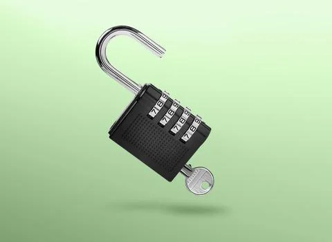 Combination padlock with master key in air on green gradient background Stock Photos