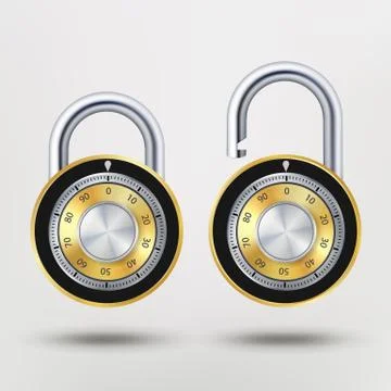 Combination Padlock, Realistic Metal Vector Illustration. Security Lock Icon Stock Illustration
