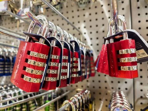 Combination Padlocks Displayed in Hardware Store Aisle Stock Photos