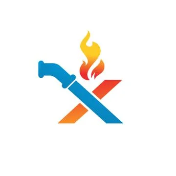Combination pipe andfire with X Letter plumbing logo design vector concept il Illustrazione stock
