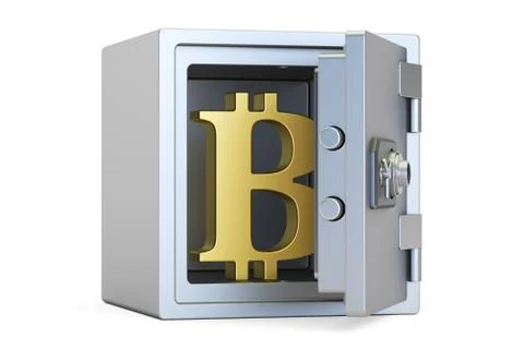 Combination safe box with symbol of bitcoin, 3D rendering Illustrazione stock