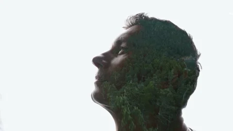 Combination of the silhouette of a man face and a landscape with mountains Stock Footage 285844846
