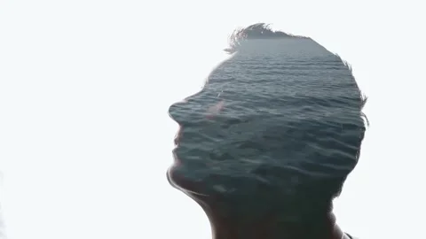Combination of the silhouette of a man face and a landscape with lake Stock Footage 285845310