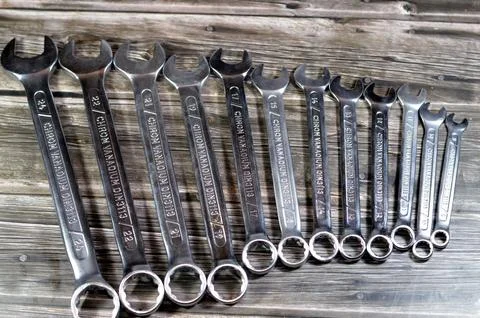 Combination spanners, hand tools set, various tools like ring spanners, com.. Stock Photos