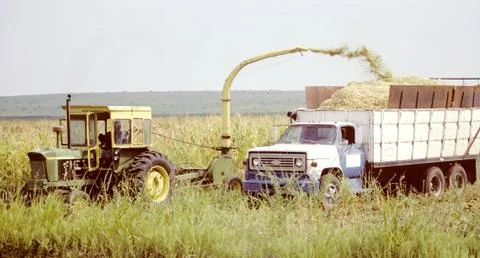 Combine Cutting Field and Loading Truck Photos