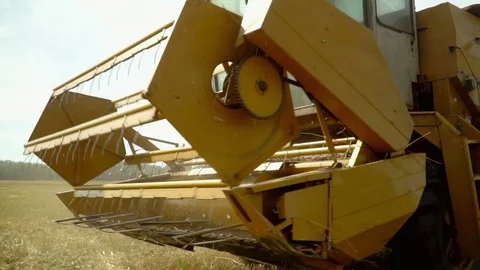 Combine harvester gathers the wheat crop. The combine reaps a crop in the field Stock Footage