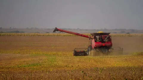 Combine harvester with its header down in a Kansas field Stock Footage 345530570