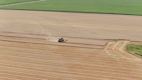 A combine harvester operating in a large golden wheat field in Nievre, France Stock Footage 346713737