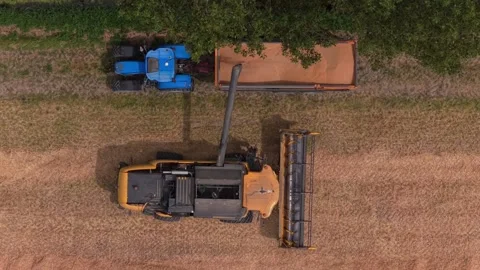 Combine harvester unloading grain into tractor trailer aerial top down view Stock Footage 340350391