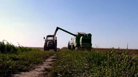 Combine-harvester unloading soybeans in tractor trailer Stock Footage 47847714