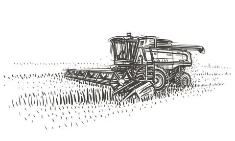 Combine harvester working sketch illustration. Stock Illustration