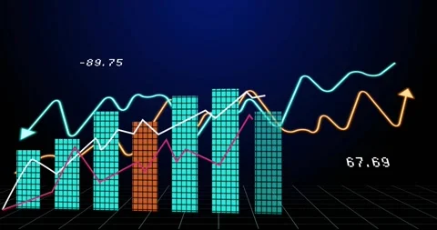 Combined chart elements emerging on blue grid, lines sliding in starting bars Stock Footage 330462268