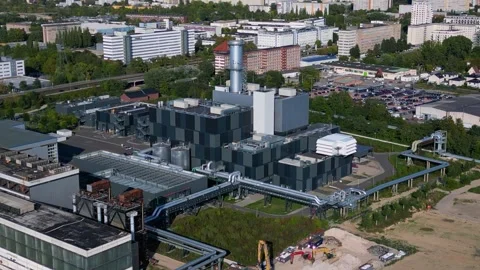 Combined Cycle Power Plant generating heat and energy Fantastic aerial view Stock Footage 347327273