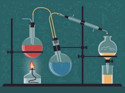 Combined structure of chemical instruments and flasks Stock Illustration