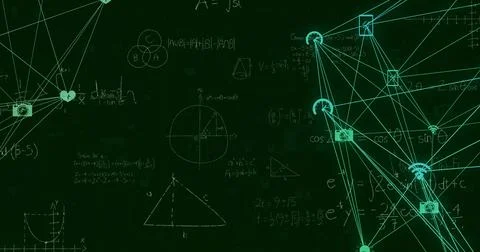 Combining chalkboard formulas and network visuals on green background with de 스톡 사진