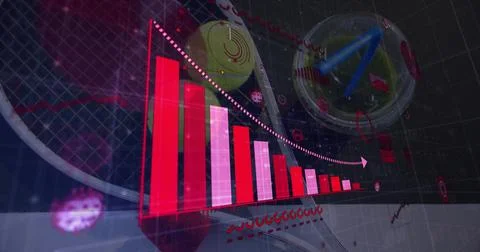 Combining red 3D bar chart, dotted arrow, tennis gear, spheres, HUD markers over Stock Illustration