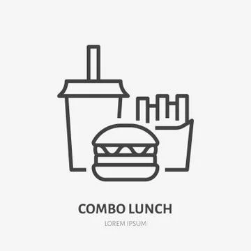 Combo lunch flat line icon. Vector thin sign of fast food, cafe logo. Burger Illustrazione stock