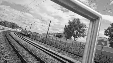 Comboio, train, black and white, Sintra, high speed, station 스톡 사진