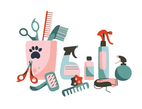 Combs, scissors, clipper, nippers, sprays, care products. Set of Products for Stock Illustration