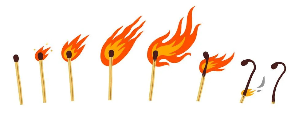 The combustion cycle of a match, linear timeline. Flat color illustration on a Stock Illustration