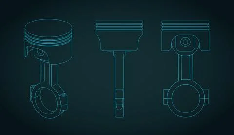 Combustion engine piston and connecting rod assembly technical drawings ill.. Stockillustratie