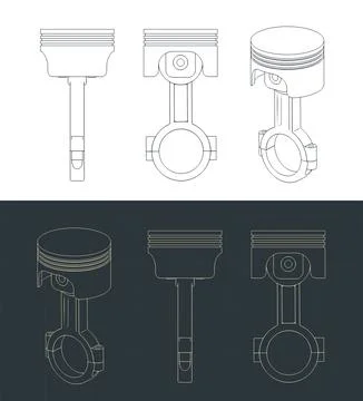 Combustion engine piston and connecting rod assembly technical drawings Stockillustratie