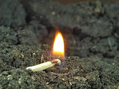 Combustion, fire. Burning match lying on the ground Foto stock