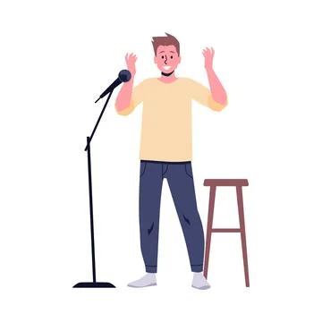 Comedian with microphone perform stand-up comedy show, flat vector comic artist Illustrazione stock