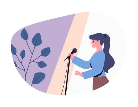 Comedian with microphone perform stand-up comedy live show on stage, vector Stock Illustration
