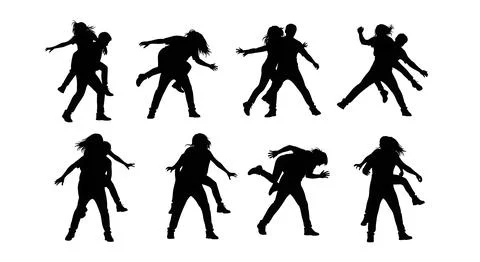 Comedic and Clumsy Dancing Couple Silhouettes Stock Illustration