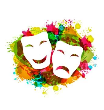 Comedy and tragedy simple masks for carnival on colorful grunge background Stock Illustration