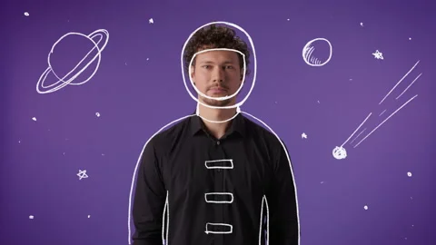 Comedy man in space suit galaxy astronaut planet star comet motion design doodle Stock Footage 176397601