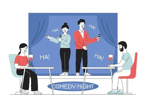 Comedy night show. Man and woman stand on stage with microphone and tell jokes Stock Illustration