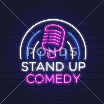 Comedy show neon sign. Retro microphone line design. Standup icon on brick wall Stock Illustration