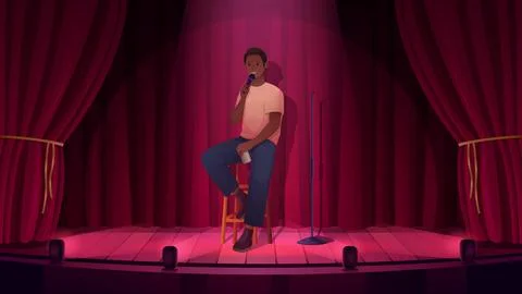 Comedy show, stand up, open mic event with young comedian on stage with red Stock Illustration