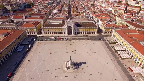 Comercio Square and Rua Augusta Arch in Lisbon, Portugal, Aerial View Stock Footage 80794135