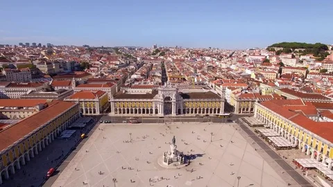 Comercio Square and Rua Augusta Arch in Lisbon, Portugal, Aerial View Stock Footage