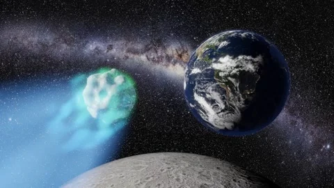 Comet flies over the Moon towards the revolving Planet Earth Stock Footage 247777791