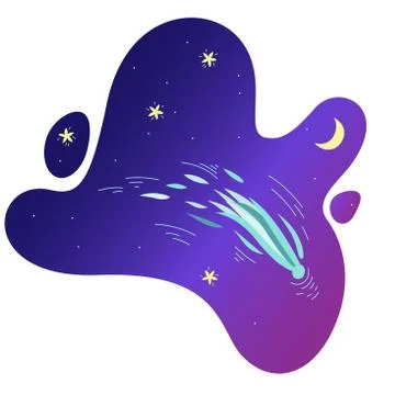 Comet flying in the violet sky with shiny stars and crescent moon. Vector Stock Illustration