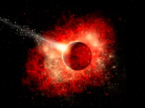 A comet hitting an alien world with devastating effect. Stock Illustration