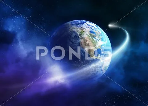 Comet moving passing planet earth Stock Illustrationen