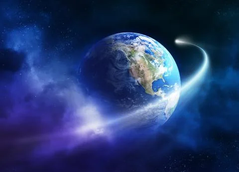 Comet moving passing planet earth 库存插图